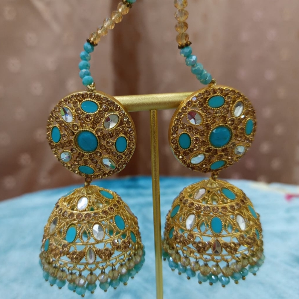 Stunning light blue Kundan style Jhumkas earrings w/ champagne crystal stones - Picture 2 of 3